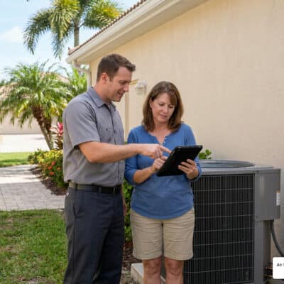 HVAC technician and homeowner reviewing AC repair vs replacement options outside an Ellenton Florida home