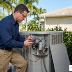 HVAC technician testing AC capacitor on Florida residential condenser