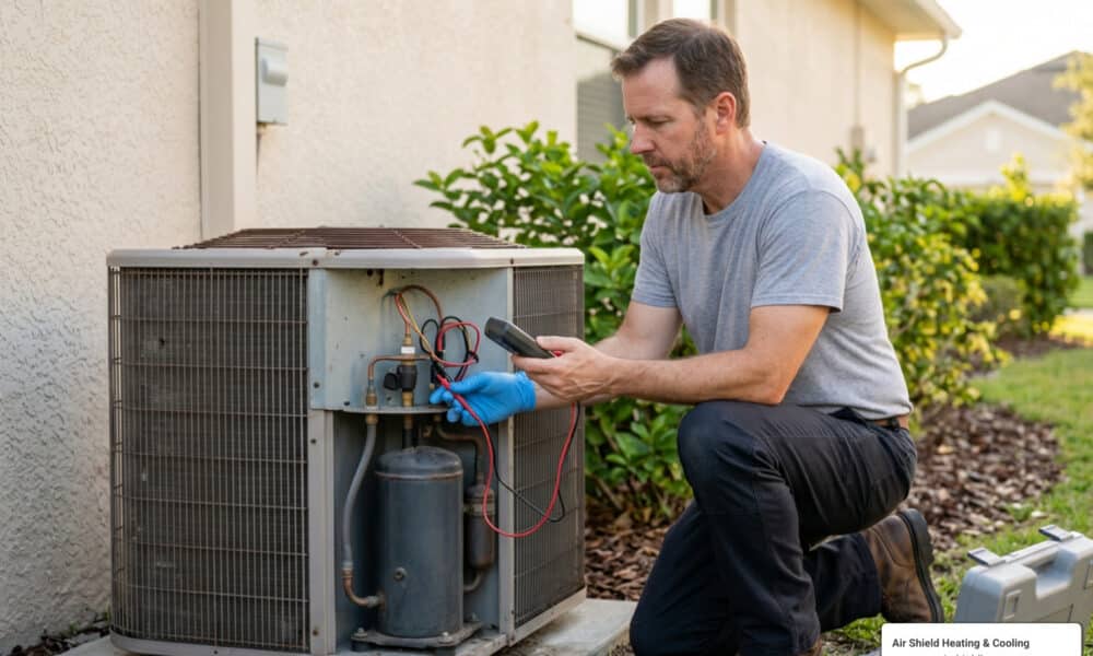 HVAC technician installing a new AC compressor