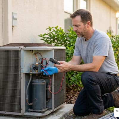 HVAC technician installing a new AC compressor