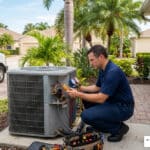 HVAC technician performing AC repair on outdoor condenser in Sun City Center FL