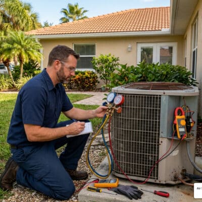HVAC technician diagnosing AC short cycling causes at a Florida home