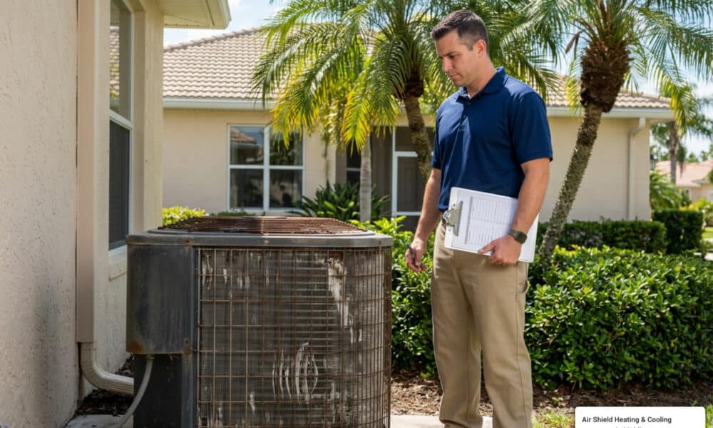 HVAC technician evaluating an older AC unit for replacement warning signs at a Florida home