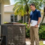 HVAC technician evaluating an older AC unit for replacement warning signs at a Florida home