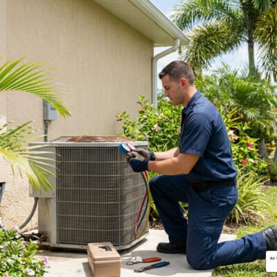 HVAC technician performing AC repair at a Sun City Center FL home