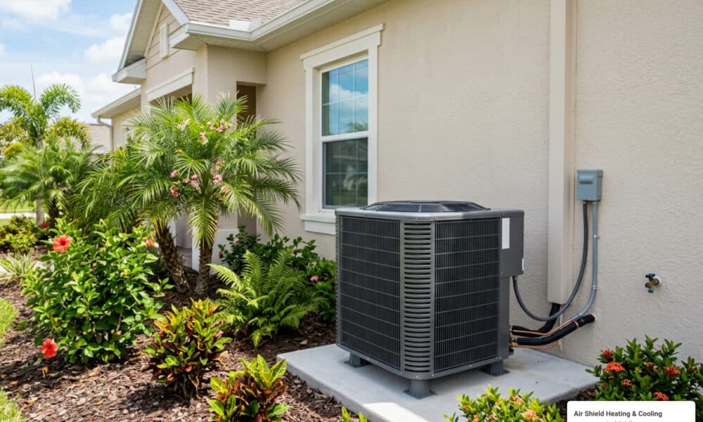 modern high-efficiency AC unit in Florida home exterior, photorealistic, professional
