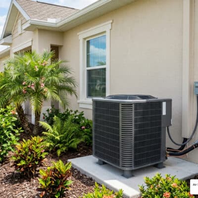 modern high-efficiency AC unit in Florida home exterior, photorealistic, professional