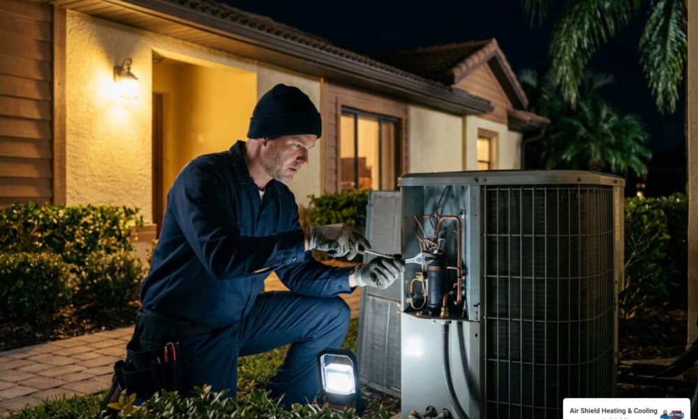 24-hour AC repair technician servicing an outdoor AC unit at night in Ruskin, FL