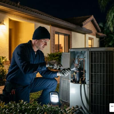 24-hour AC repair technician servicing an outdoor AC unit at night in Ruskin, FL