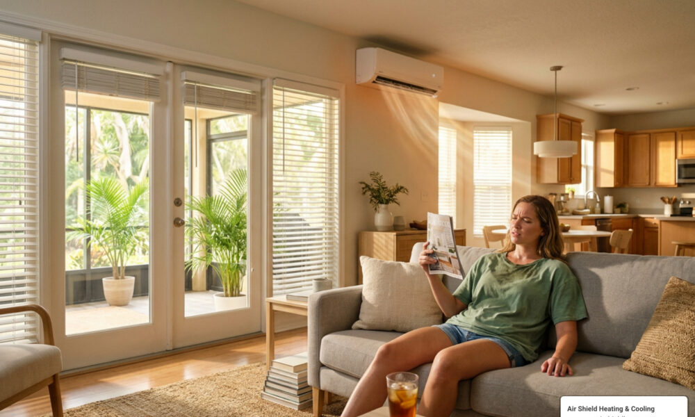 AC blowing hot air inside a warm Florida living room in summer