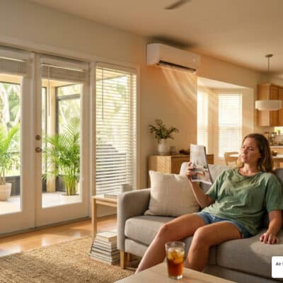 AC blowing hot air inside a warm Florida living room in summer