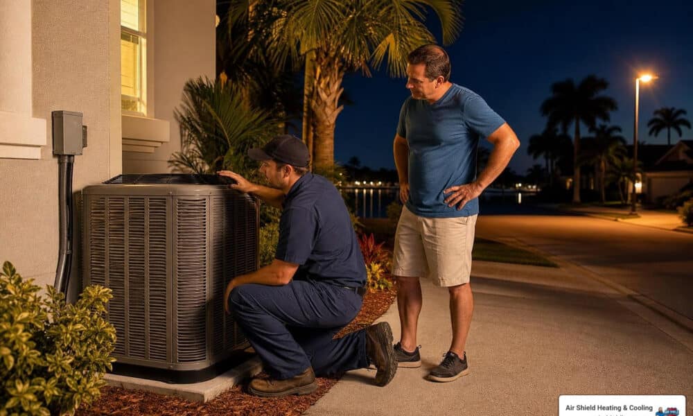 HVAC technician inspecting an outdoor AC unit at night for after-hours repair in Palmetto, FL