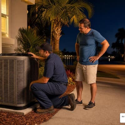 HVAC technician inspecting an outdoor AC unit at night for after-hours repair in Palmetto, FL
