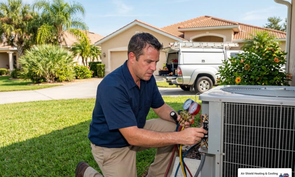 HVAC technician inspecting an outdoor AC unit for emergency AC repair costs in Sun City Center, FL