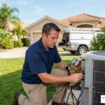 HVAC technician inspecting an outdoor AC unit for emergency AC repair costs in Sun City Center, FL