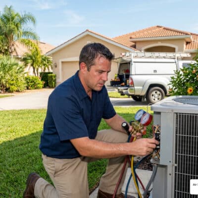 HVAC technician inspecting an outdoor AC unit for emergency AC repair costs in Sun City Center, FL