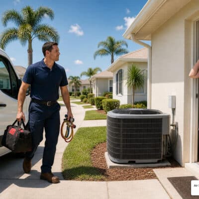 Emergency AC repair technician arriving at a Sun City Center Florida home during hot weather