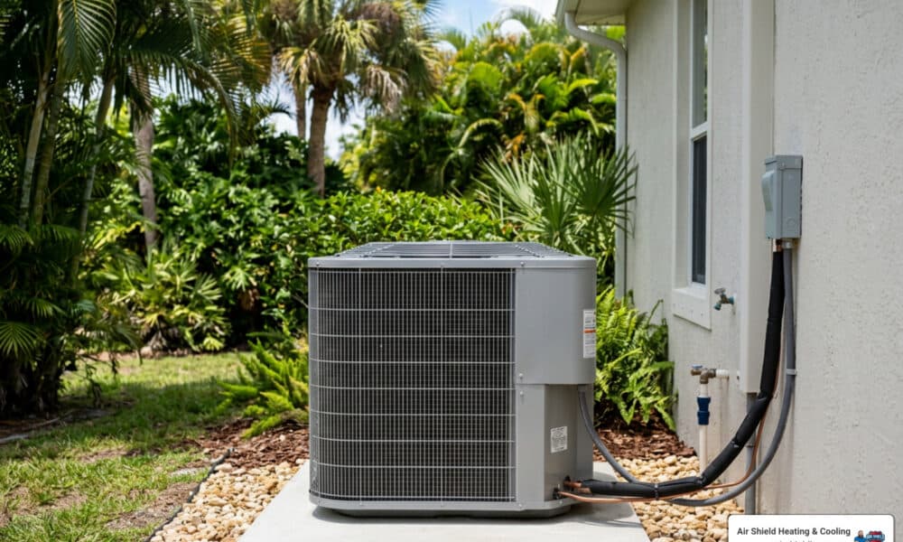 clean outdoor AC condenser with clear airflow space at a Florida home