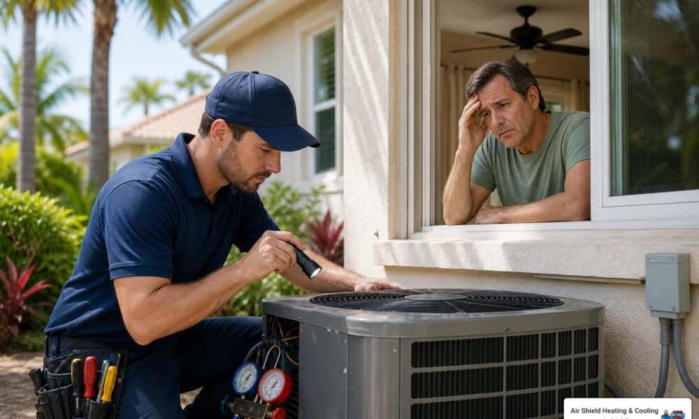 HVAC technician responding to an emergency AC repair call in a Florida home