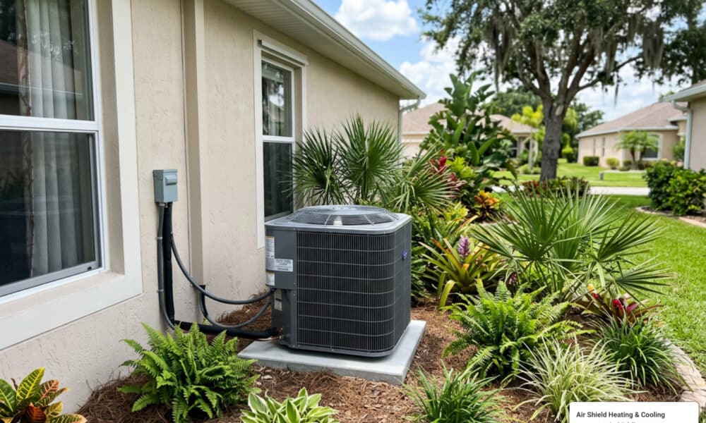 well-maintained outdoor AC unit in Palmetto, FL with lush Florida landscaping and clear blue sky