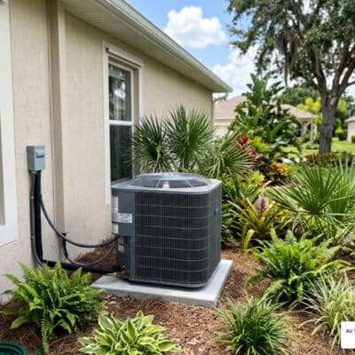 well-maintained outdoor AC unit in Palmetto, FL with lush Florida landscaping and clear blue sky