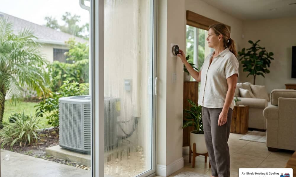 Florida homeowner checking thermostat with outdoor AC condenser visible on a humid day in Ellenton, FL