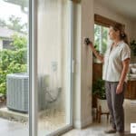 Florida homeowner checking thermostat with outdoor AC condenser visible on a humid day in Ellenton, FL