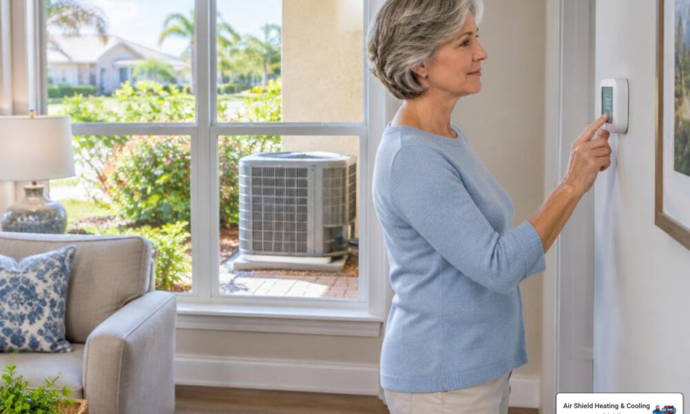 Sun City Center, FL homeowner checking a thermostat before the Florida summer cooling season