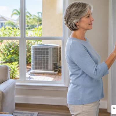 Sun City Center, FL homeowner checking a thermostat before the Florida summer cooling season