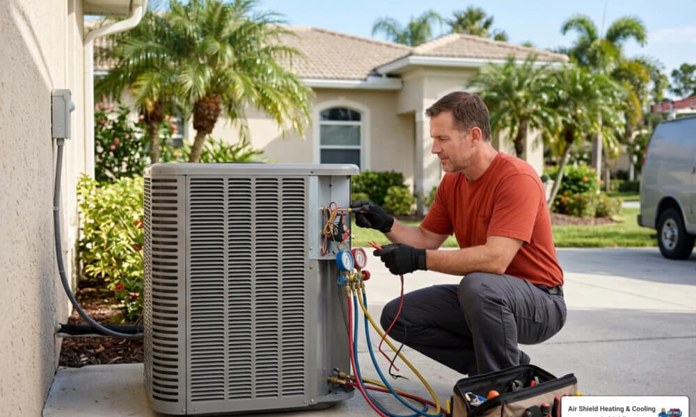 Professional HVAC technician in an orange-red work shirt performing AC maintenance in Sun City Center FL