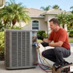 Professional HVAC technician in an orange-red work shirt performing AC maintenance in Sun City Center FL