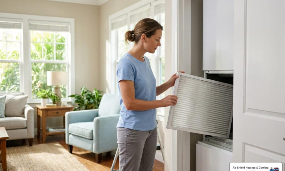 Florida homeowner checking an indoor AC air filter as part of an AC maintenance checklist