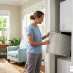 Florida homeowner checking an indoor AC air filter as part of an AC maintenance checklist