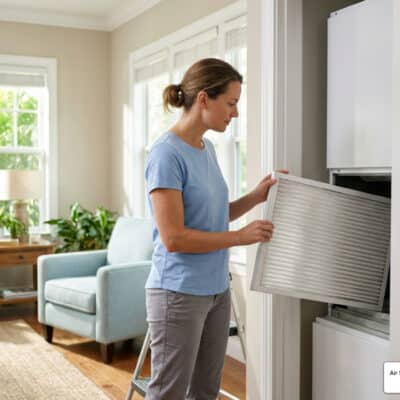 Florida homeowner checking an indoor AC air filter as part of an AC maintenance checklist