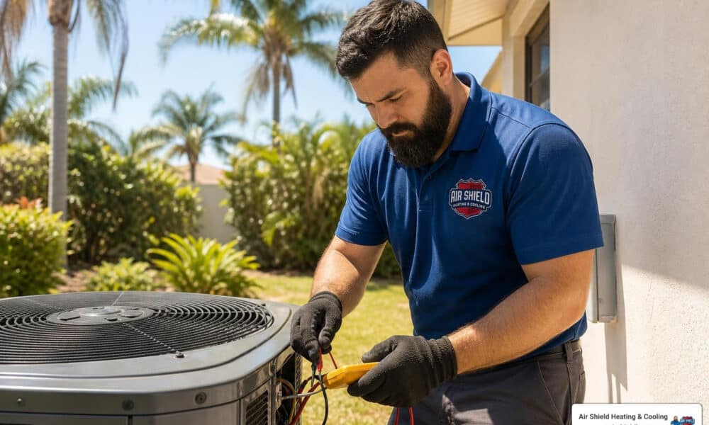 HVAC technician performing preventative AC maintenance on an outdoor condenser unit at a Florida home