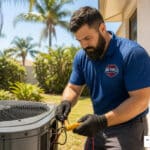 HVAC technician performing preventative AC maintenance on an outdoor condenser unit at a Florida home
