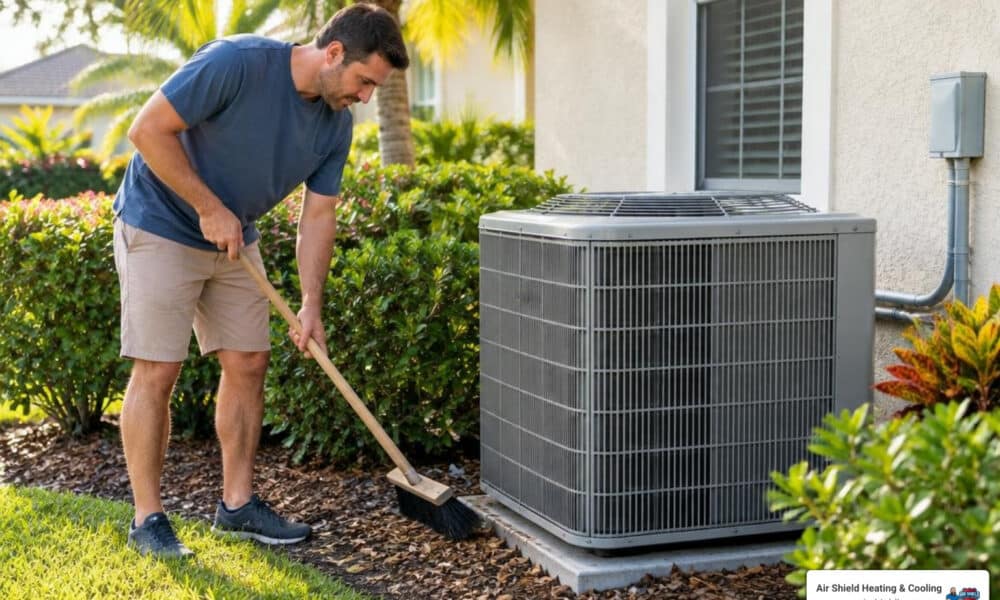 Florida homeowner clearing leaves around an outdoor AC condenser with open space for airflow