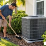 Florida homeowner clearing leaves around an outdoor AC condenser with open space for airflow