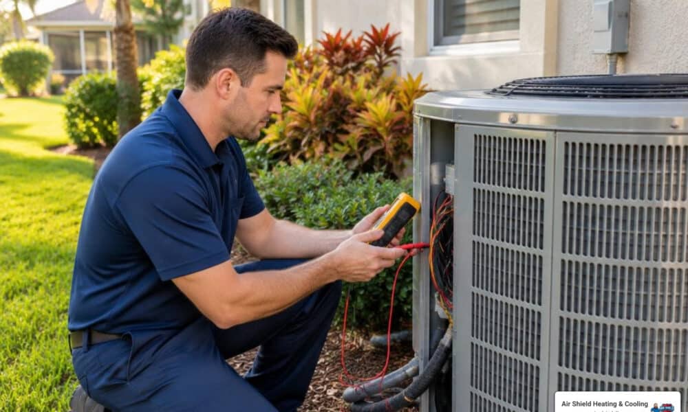 HVAC technician performing a seasonal heat pump inspection at a Lakewood Ranch, FL home