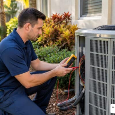 HVAC technician performing a seasonal heat pump inspection at a Lakewood Ranch, FL home