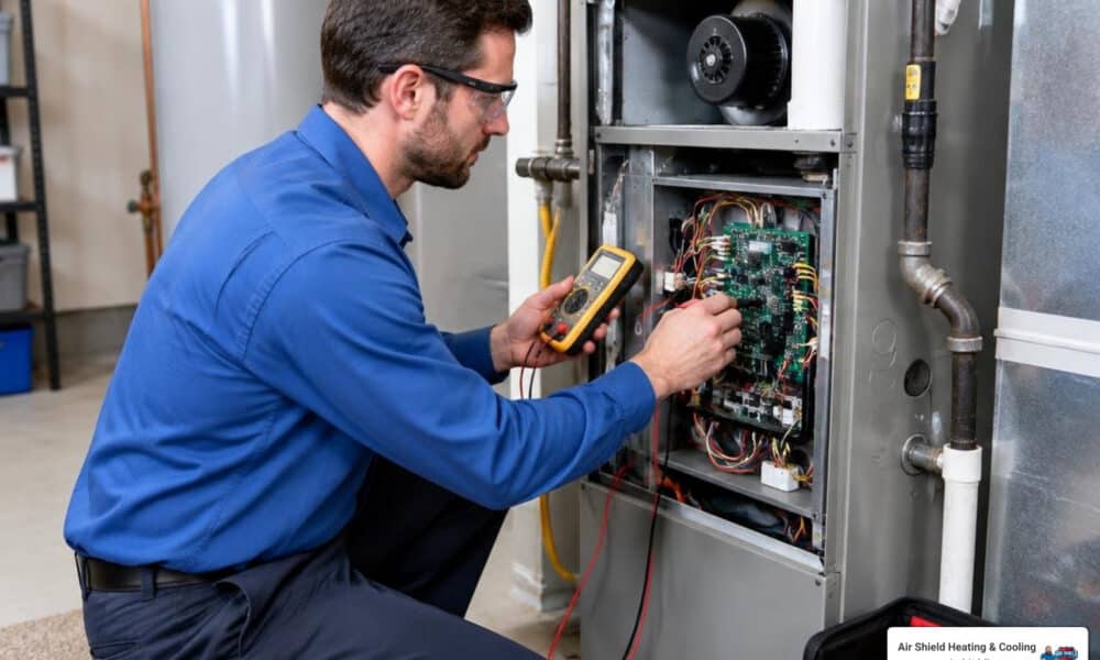 technician performing electrical diagnostics on furnace