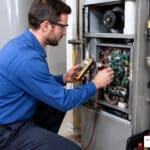 technician performing electrical diagnostics on furnace