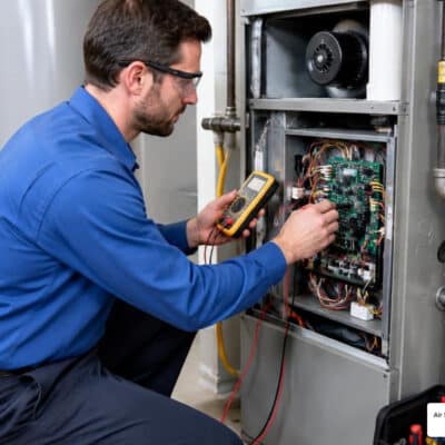 technician performing electrical diagnostics on furnace