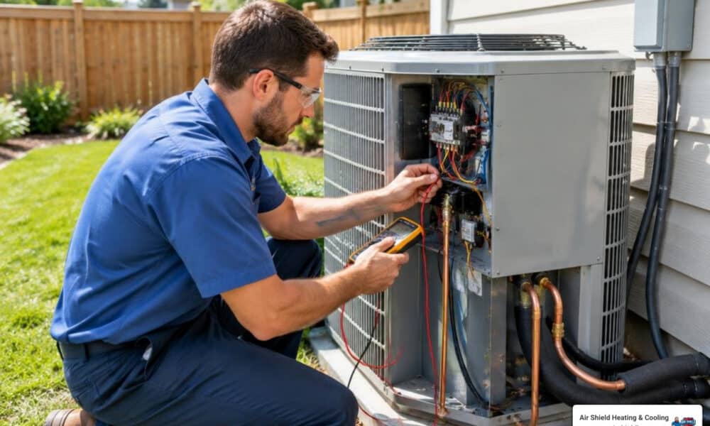 HVAC technician inspecting an outdoor heat pump cabinet