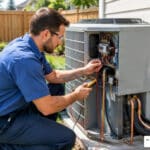 HVAC technician inspecting an outdoor heat pump cabinet
