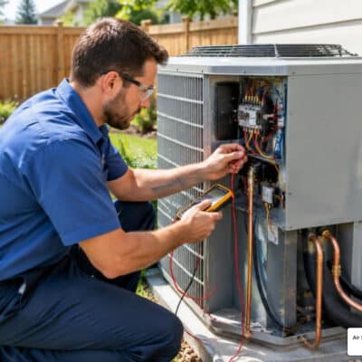 HVAC technician inspecting an outdoor heat pump cabinet