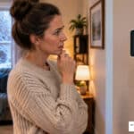Homeowner checking a malfunctioning digital thermostat on a cold morning
